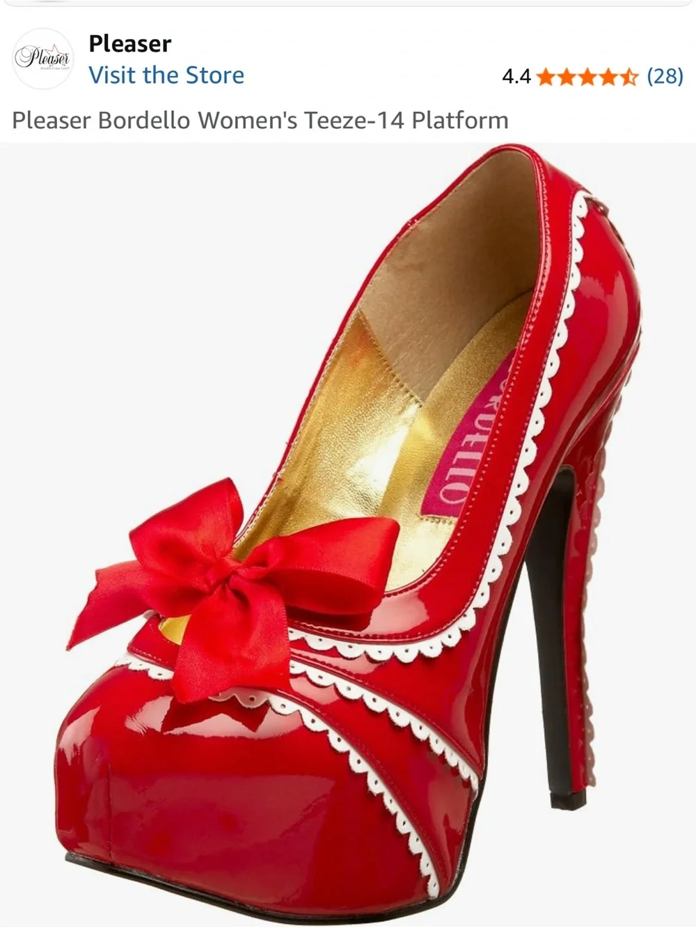 Pleaser Red Patent Platform Pumps with White Scallop Trim and Bow